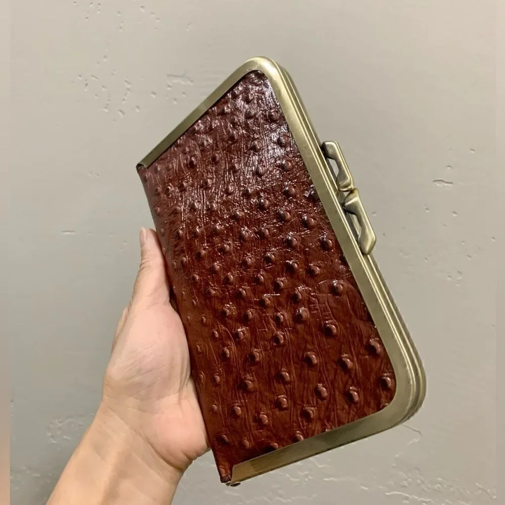 Handmade Genuine Ostrich Textured Cowhide, Kisslock Clutch/Passport Holder